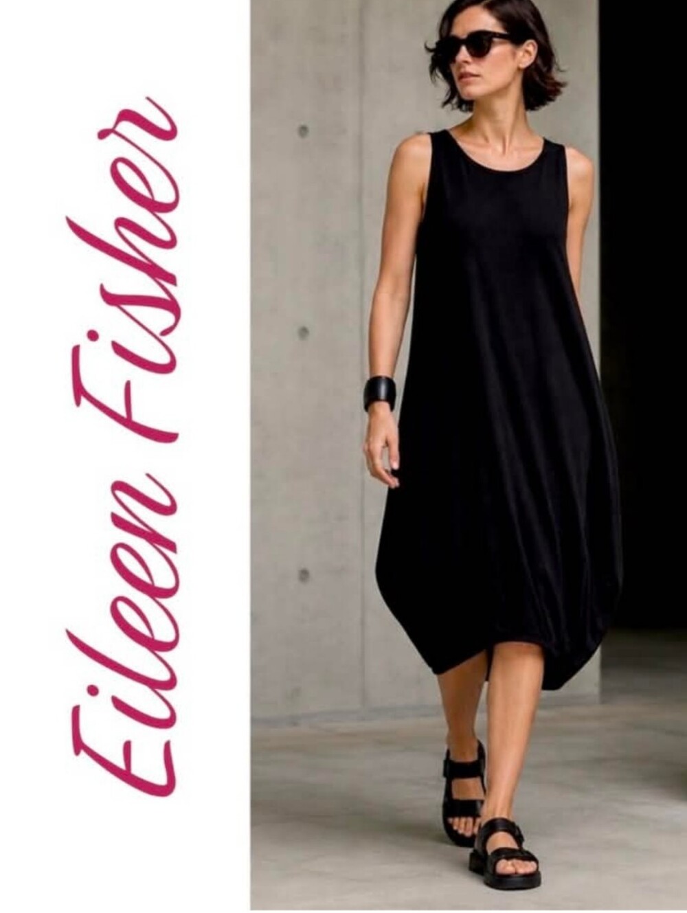 Eileen Fisher Black Rayon Lycra Lantern Midi Dress Nwot